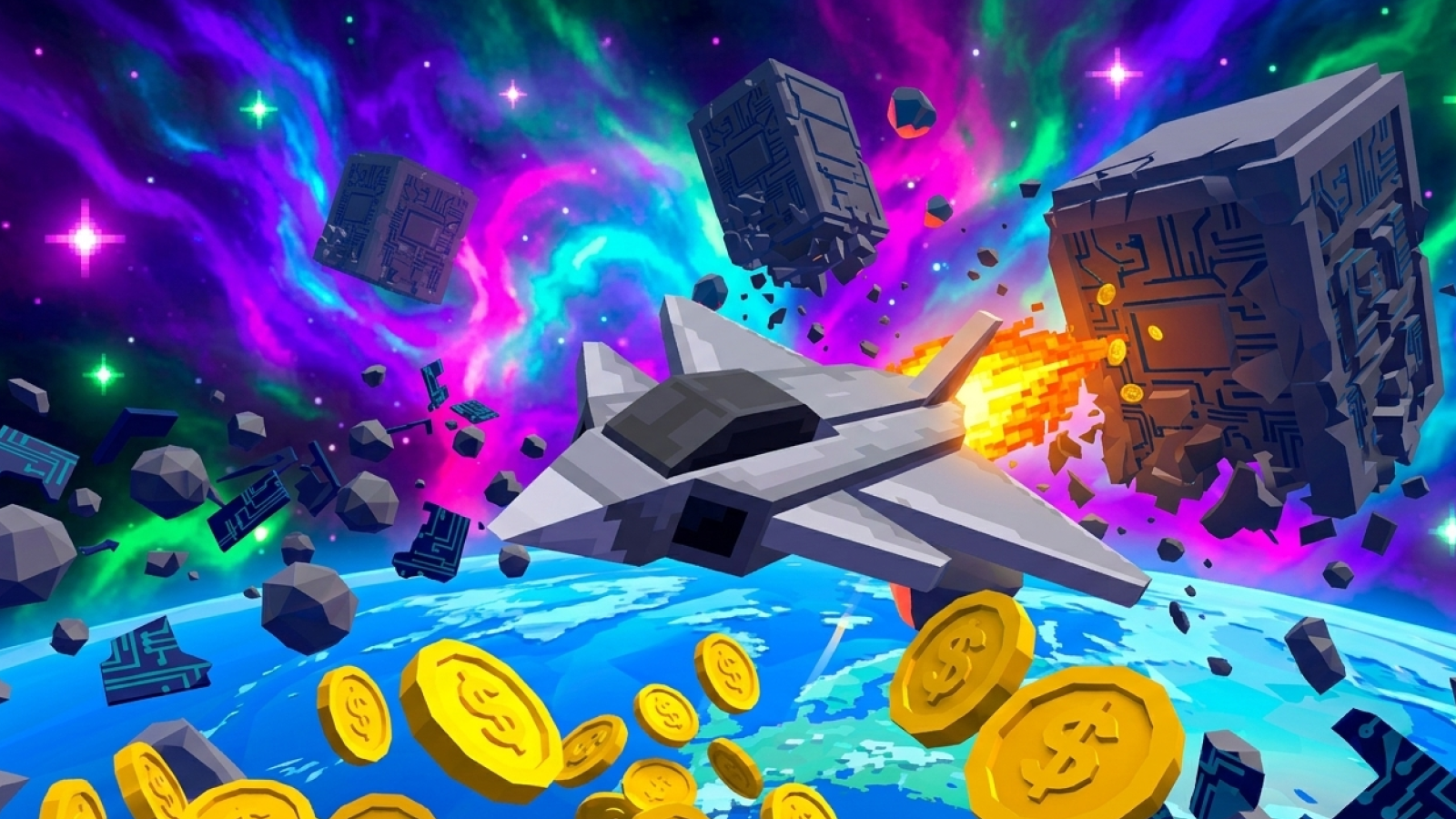 Cache Run: a pixel spaceship flying through asteroids and coins